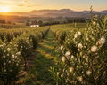 Jasmine green tea field at golden sunset