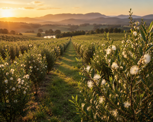Jasmine green tea field at golden sunset