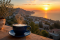 Steaming coffee cup at sunrise
